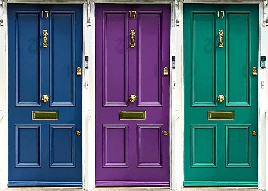 Picking a front door colour. Image of different coloured wooden front doors